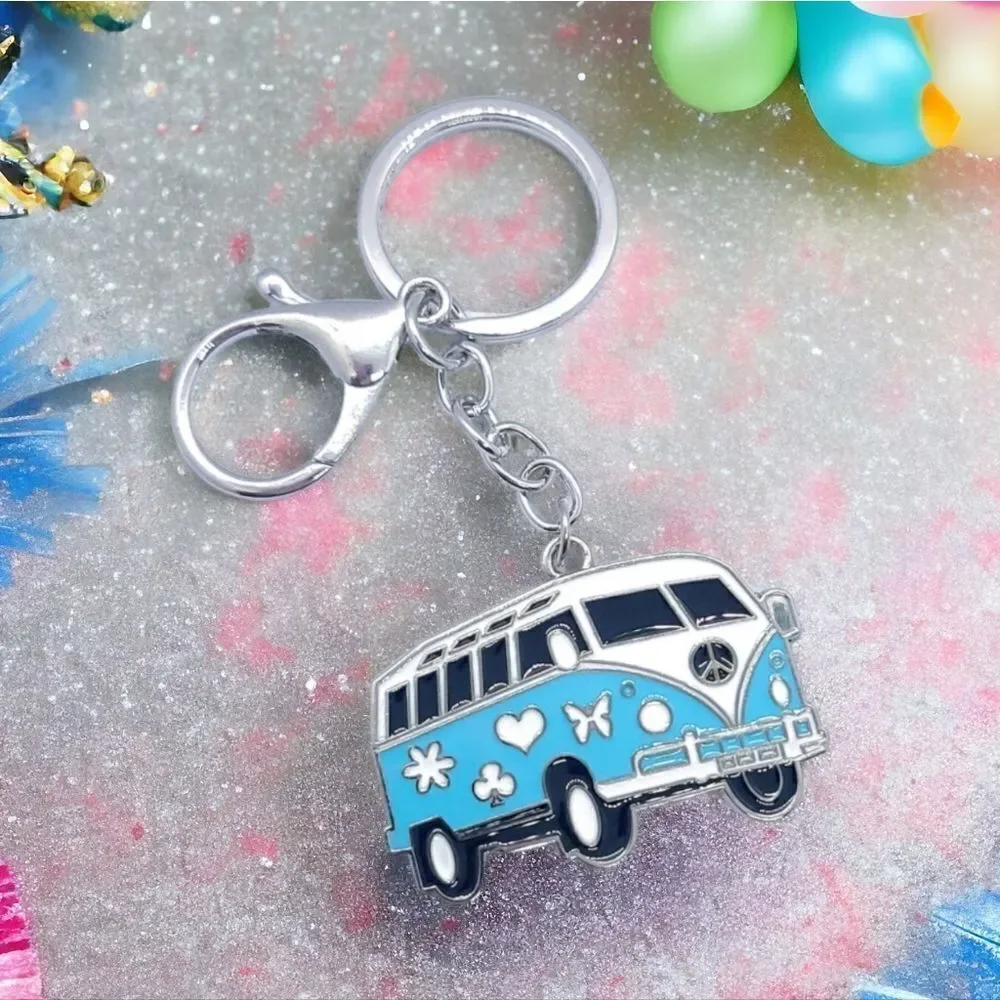 Hippie Van Party Bus Backpack Keychain Keyring Novelty Die-Cast Enamel Clip Gift
